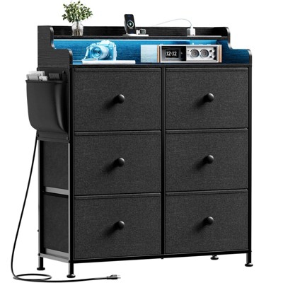 WOWLIVE Dresser for Bedroom with Charging Station and LED Lights, 6 Drawers Dresser TV Stand with Wooden Top