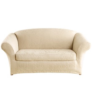 Stretch Jacquard Damask Loveseat Slipcover Oyster - Sure Fit