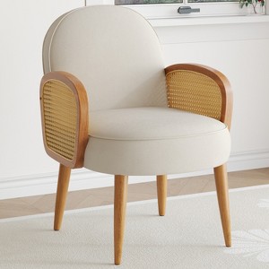 ORRD Mid-Century Velvet Accent Chair with Rattan Armrests & Wooden Legs for Living Room, Bedroom, Study - Ivory - 1 of 4