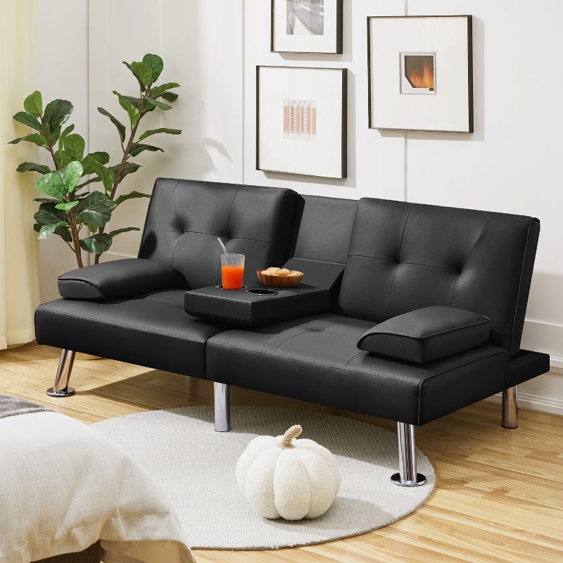 Yaheetech Faux Leather Convertible Futon Sofa Bed, 2 of 7
