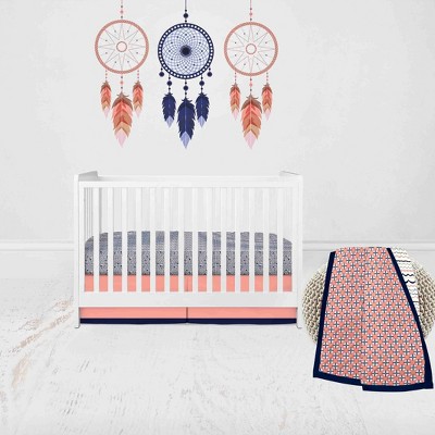 Bacati - Olivia Coral Navy 3 pc Crib Bedding Set