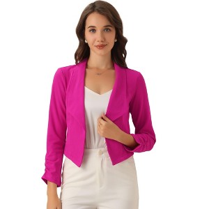 INSPIRE CHIC Women's Regular Fit Notched Lapel Ruched Sleeve Business Crop Blazer - 1 of 4