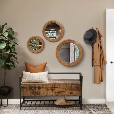 Brown Round Rubberwood 3-Piece Bathroom Vanity Mirror Set