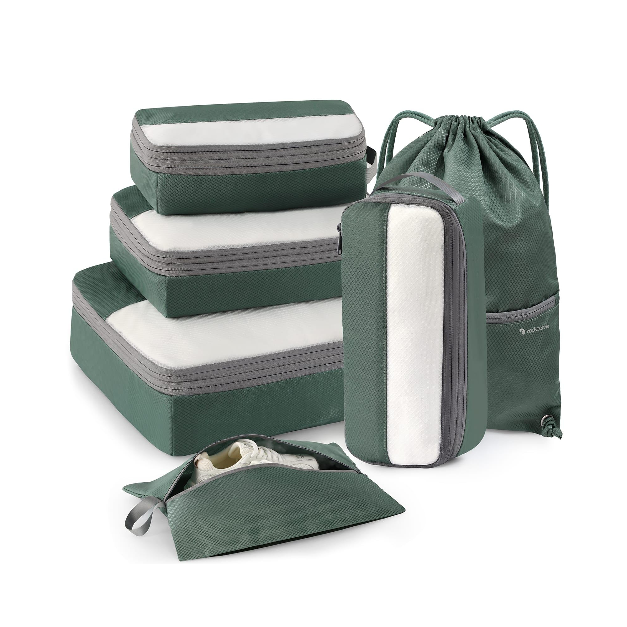 Narwey 6 Set Compression Packing Cubes for Travel, Bonus Versatile Drawstring Backpack, Lightweight Luggage Organizer Bags, Dark Green