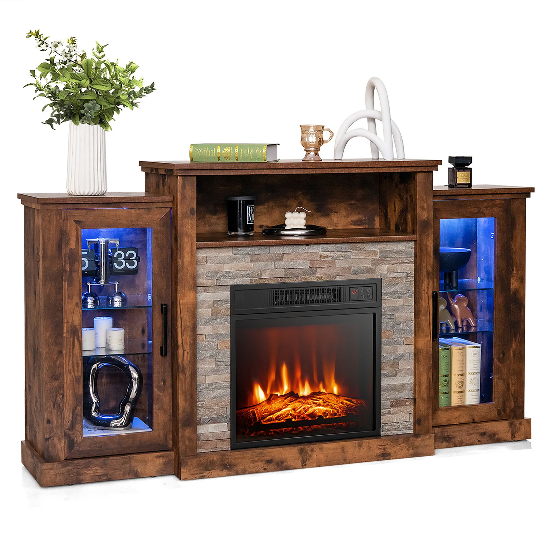 Costway Fireplace TV Stand w/ Led Lights & 18" Electric Fireplace for For 65" Wall-Mounted TV