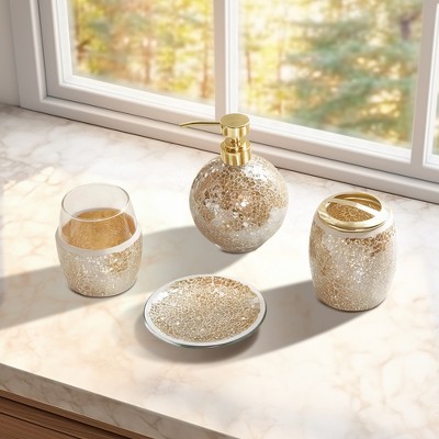 Gold Crackle Glass 4-Piece Bathroom Accessory Set