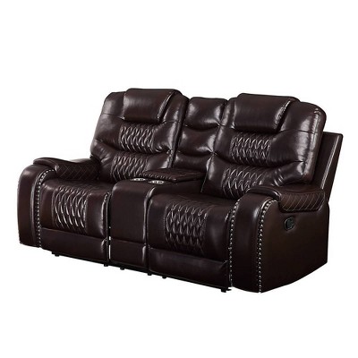 78" Brown Tufted Faux Leather Loveseat with Cup Holders
