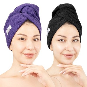 American Soft Linen 100% Cotton Hair Drying Towels for Women, 2 Pack Turkish Hair Towel Wrap, Head Towel Cap with Button, Hair Turban Towel - 1 of 4