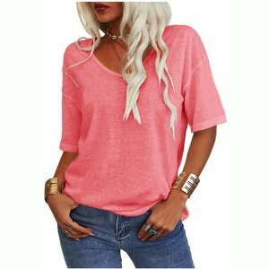 Imily Bela Women's Casual V Neck Half Sleeve Oversized T Shirt Solid Color Basic Top - 1 of 4