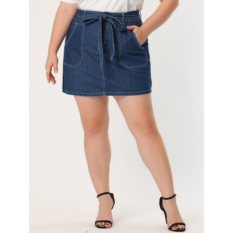 Agnes Orinda Women's Plus Size Denim Detachable Tie Button Front Mini Skirts with Pocket, 3 of 6