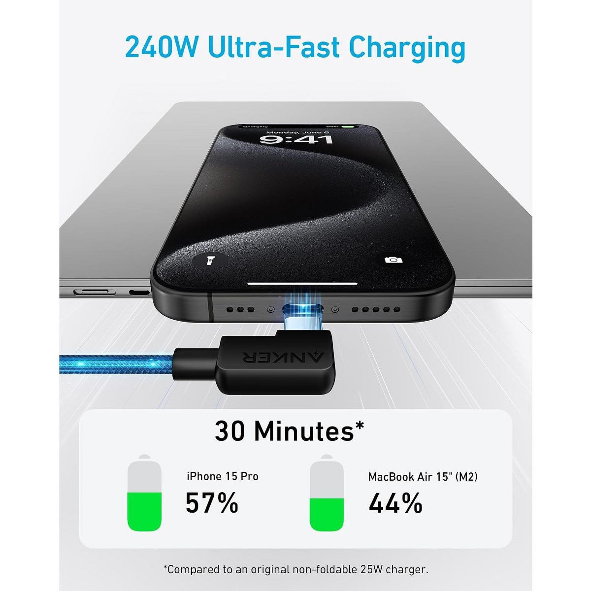 Anker USB C to USB C Right-Angle Cable, 240W (2-Pack, 6 ft, Black) | 90-Degree Braided USB C Charging Cord for iPhone 17 Series and More - thumbnail 3