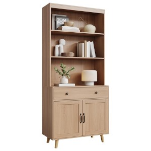 6-Tier Freestanding Wood Bookcase with Doors, Drawer & Open Shelves - Storage Cabinet for Living Room, Home Office & Bedroom Display - 1 of 4