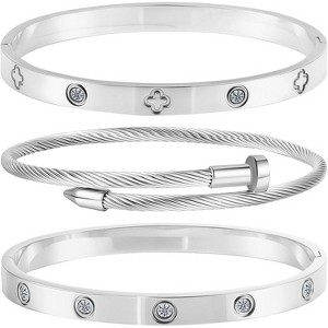 Gold Stackable Bracelets for Women - 3 Piece Stainless Steel Bangles with Love & Friendship Theme, Crystal Accents - 1 of 4