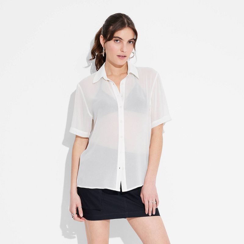 Women's Short Sleeve Oversized Sheer Button-Down Shirt - Wild Fable™, 3 of 5