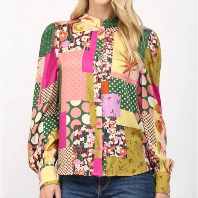 Women's Patchwork Print Stand Collar Blouse - Fate