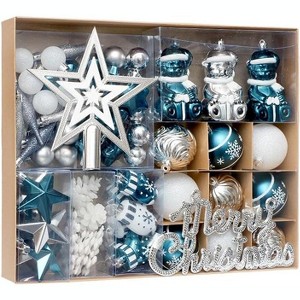 70 Pcs Christmas Ball Ornaments Set, Hanging Assortment Set, Merry Christmas Sign & Tree Toppers, Xmas Indoor Outdoor Party Home Decor, Blue/Silver - 1 of 4