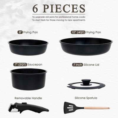 LunaLulinlk Pots and Pans Set, 6 Pcs Nonstick Pots and Pans with Removable Handle, Space-Saving Cookware Set, Dishwasher and Oven Safe