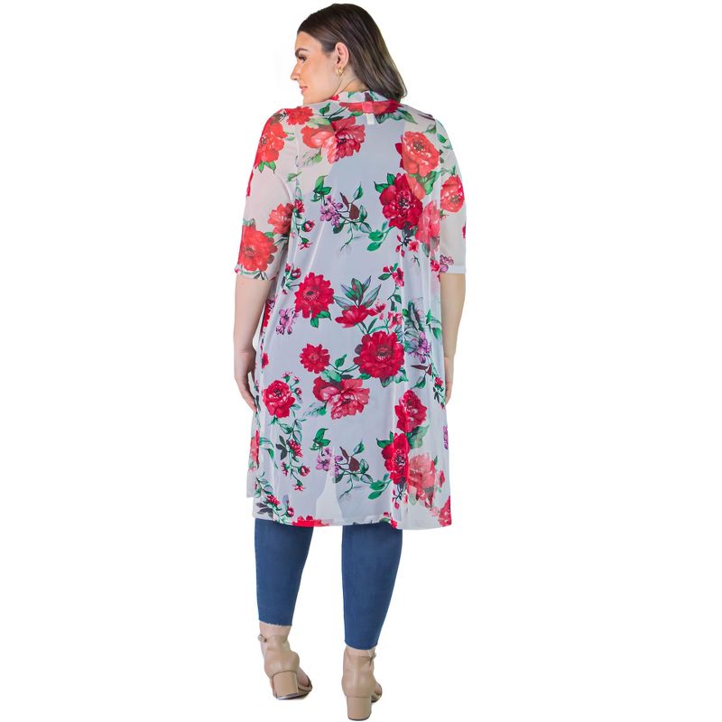 24seven Comfort Apparel Plus Size White And Red Floral Pattern Knee Length Sheer Cardigan, 3 of 5
