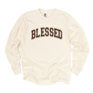 Simply Sage Market Women's Blessed Varsity Long Sleeve Garment Dyed Tee - 1 of 4
