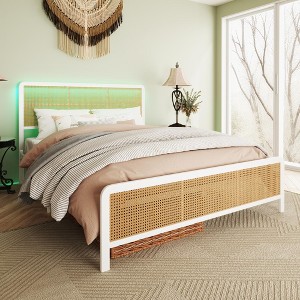Rattan Full Size Bed Frame with Headboard and Footboard, Boho Bed Frame with Heavy Duty Sturdy Steel Slat Support, No Box Spring Needed, Noise Free - 1 of 4