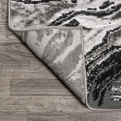 Ivory and Black Abstract Marbled Runner Rug