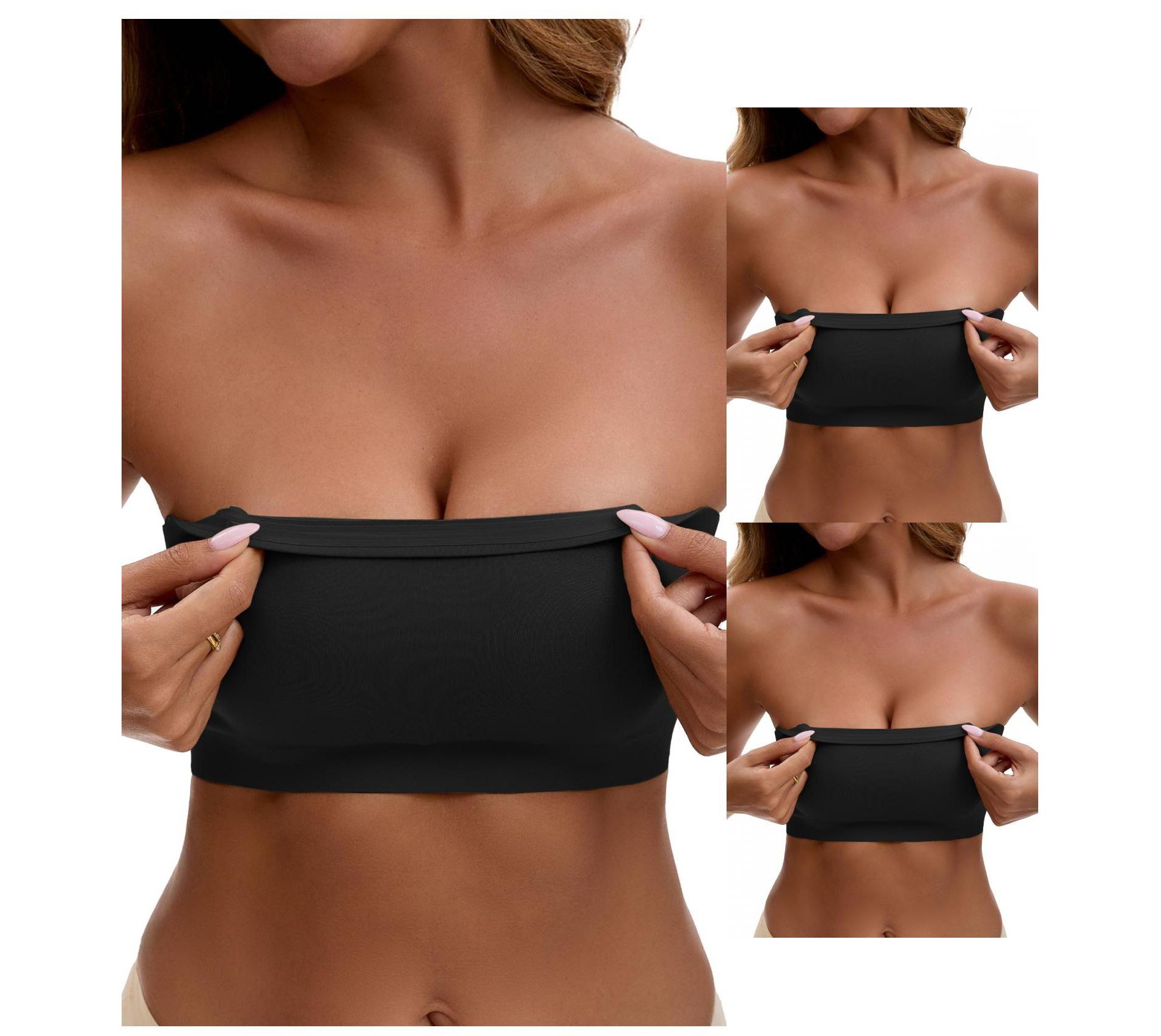 INSPIRE CHIC 3 Packs Women's Strapless Seamless Wirefree Padded Bandeau Non-Slip Silicone Tube Bras 3 Black X-Large