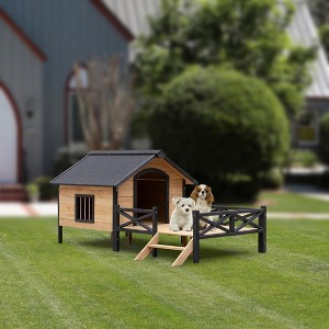 Outdoor Large Wooden Dog House with Porch, Cabin Style Weatherproof Wooden Kennel for Large Dogs, Raised Floor & Waterproof Roof - Nertpow - 1 of 4