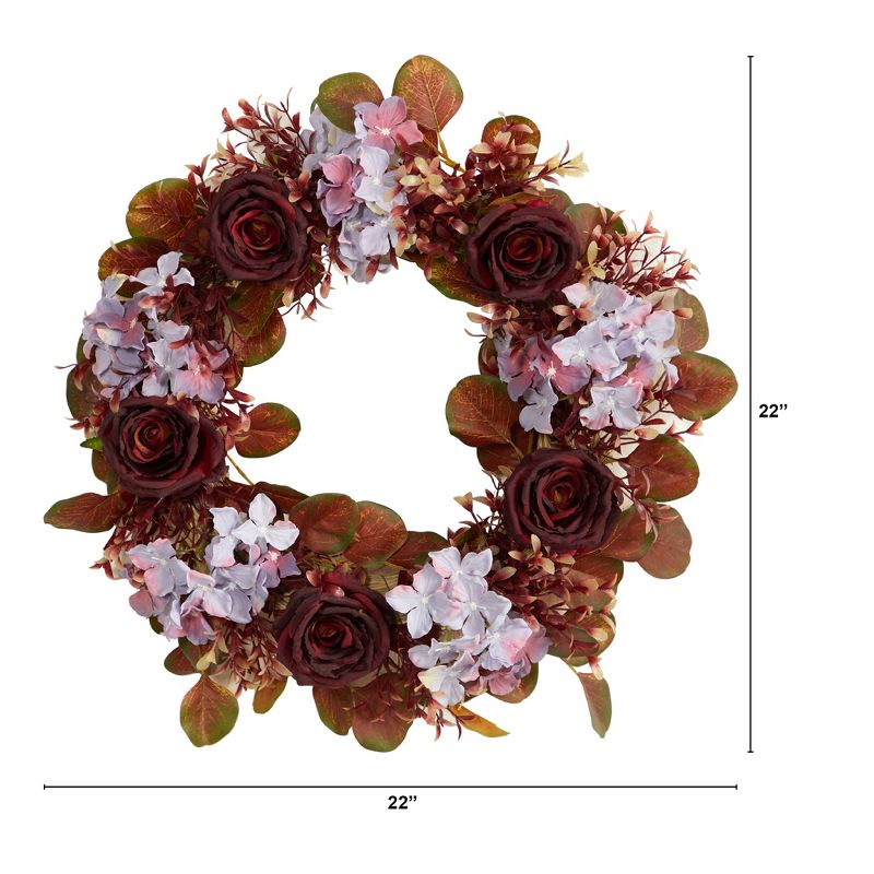 Nearly Natural 22” Fall Hydrangea and Rose Autumn Artificial Wreath, 2 of 3