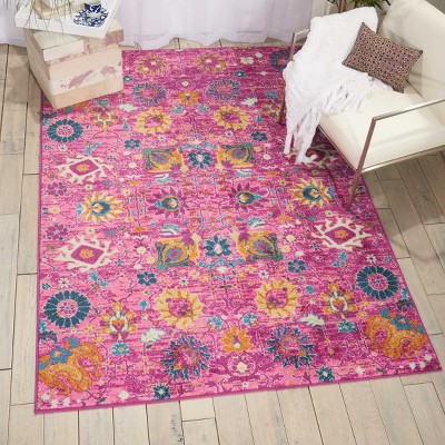 Fuchsia Floral Rectangular Synthetic Area Rug 6'7" x 9'6"