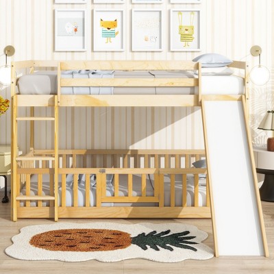 Twin Over Twin Floor Bunk Bed with Slide, Ladder, Door, Safety Guardrails and Solid Pine Wood Frame, White/Grey/Natural-ModernLuxe