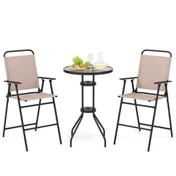 Costway 3PCS Patio Bistro Set Folding Chairs Round Bar Table with 1.6'' Umbrella Hole Yard