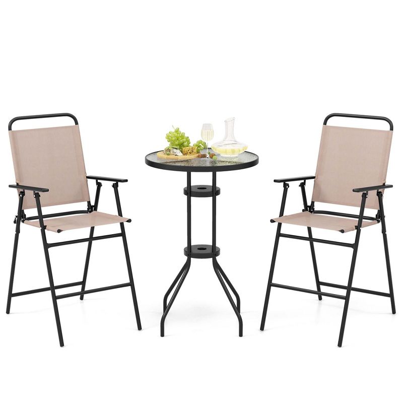 Costway 3PCS Patio Bistro Set Folding Chairs Round Bar Table with 1.6'' Umbrella Hole Yard, 1 of 11