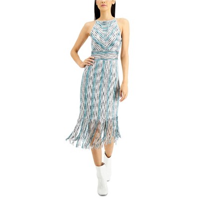 I.N.C International Concepts Womens Fringe Trim Sheath Dress, Blue, Medium