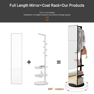 Black Freestanding Full Length Mirror with Coat Rack and Storage