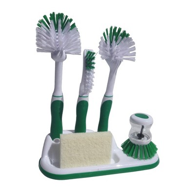 Powerstone Pumice 6-Piece Kitchen Cleaning Supplies Set - Green | Includes 4 Brushes, Sponge Scrub & Holding Tray Durable Long-Handled
