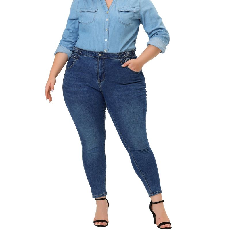 Agnes Orinda Women's Plus Size High Waist Buckle Decor Slash Pocket Denim Skinny Jeans, 2 of 7