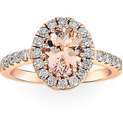 Pompeii3 1 1/2 CT Oval Morganite & Diamond Halo Ring 14K Rose Gold