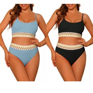 Elerevyo Women's High Waisted Ribbed Adjustable Spaghetti Straps Push Up Swimsuit Bathing Suits 2 Sets - 1 of 4