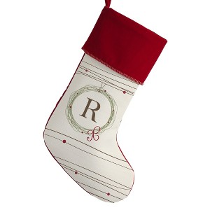 Personalization Mall Holiday Wreath Initial Christmas Stocking, Burgundy - 1 of 3