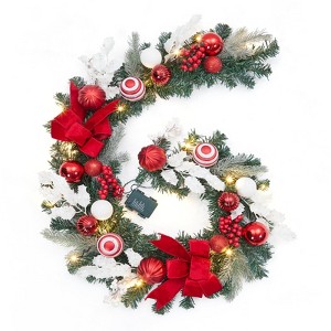 6FT Pre-Lit Christmas Garland with 20 Battery-Operated Lights & Timer - Festive Red & White Decor for Mantle & Table Centerpiece, Indoor/Outdoor - 1 of 4