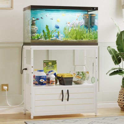 20-29 Gallon Aquarium Stand with Power Outlet, Black Fish Tank Rack with Cabinets ,Rectangle Aquarium Stand with Adjustable Foot and 4 Hooks