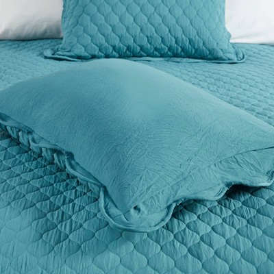 Teal King Reversible Microfiber Quilt Set with Scallop Edges