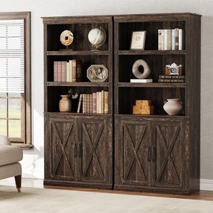 5 Tier Bookcase with Cabinet Doors, Farmhouse Bookshelf 68.7" Tall, Wooden Storage Shelf for Home Office, Living Room, Grey/White/Dark Oak - 1 of 4