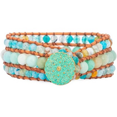 Boho Handmade Natural Stone Bead Bracelet, 3-Row Wide Wrap Wrist Statement Jewelry for Women