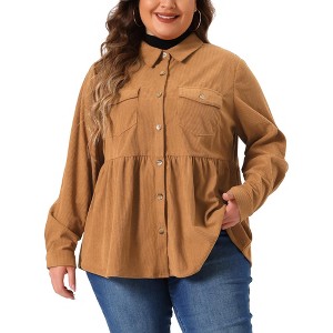 Agnes Orinda Women's Plus Size Corduroy Long Sleeve Pockets Peplum Button Down Shirts - 1 of 4