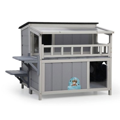 Resenkos 2-Level Wooden Cat Home With Platforms & Play Run, Waterproof Outdoor Cage For Kittens, Multi-Level Playground With Fringe Curtains & Roof,