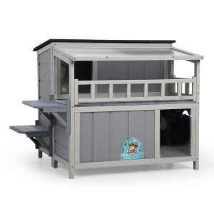 Resenkos 2-Level Wooden Cat Home With Platforms & Play Run, Waterproof Outdoor Cage For Kittens, Multi-Level Playground With Fringe Curtains & Roof, - 1 of 4