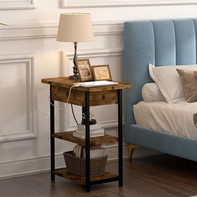 Rustic Brown End Table Set with USB Ports and Shelves