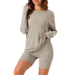 cheibear Women's Ribbed Knit Long Sleeved Top with Slim Biker Shorts Lounge Set - 1 of 4