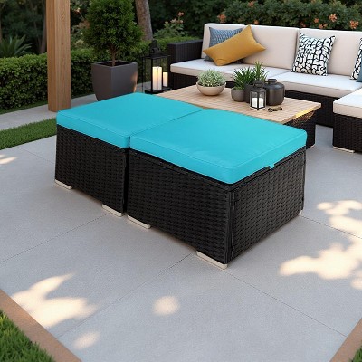 Nertpow All-Weather Outdoor Ottoman with Storage - Durable PE Rattan Wicker Outdoor Footstool for Patio, Blue